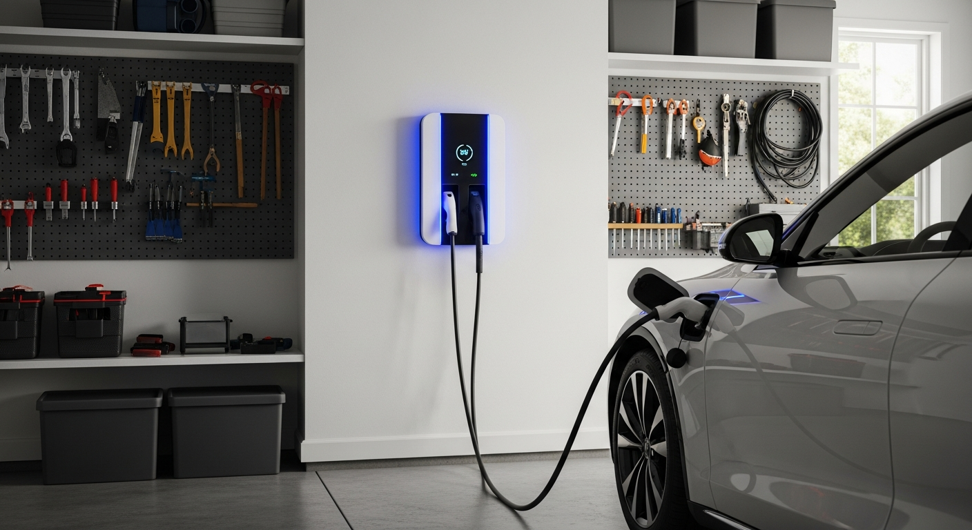 Home EV charger installed in a residential garage